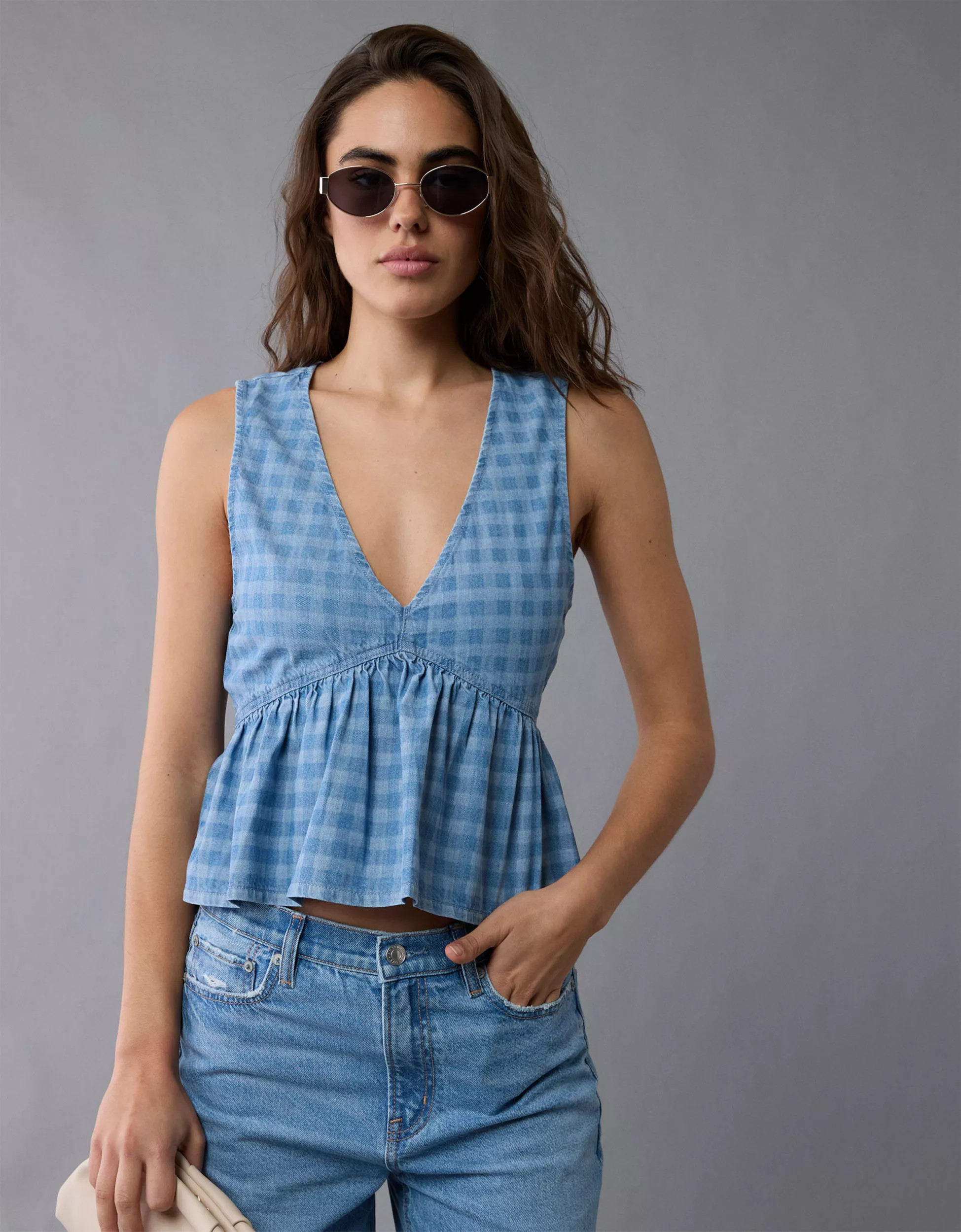 AE V-Neck Denim Babydoll Tank Top | American Eagle Outfitters (US & CA)