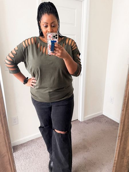 Date night outfit. Casual but with a little edge. I love this cutout tee paired with distressed black wide leg jeans  

#LTKstyletip #LTKSeasonal #LTKplussize