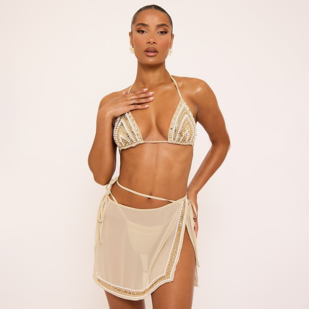 Bead Detail Triangle Bikini Set And Matching Sarong 3 Piece Set In Stone | EGO (UK)