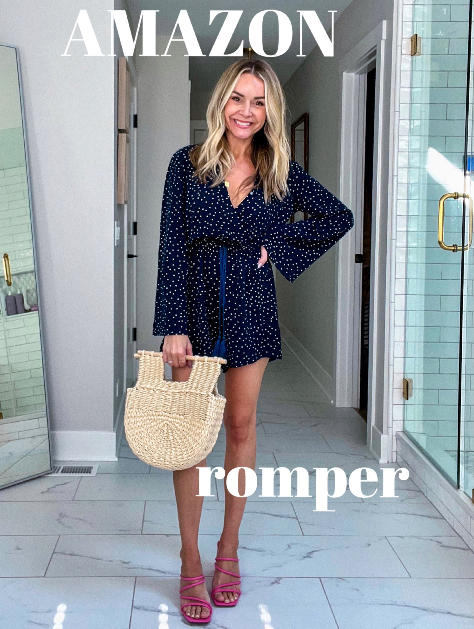 Amazon romper under $35!  Wearing size S. Nursing friendly as well!  Shoes fit true to size and bag is from Target  