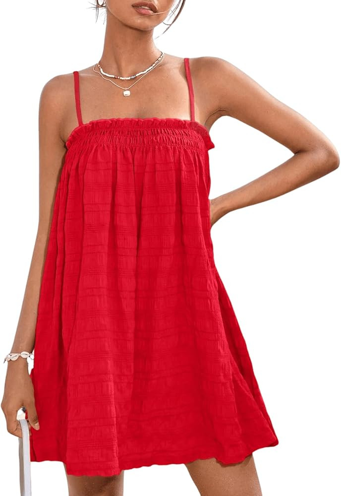 MakeMeChic Women's Casual Sleeveless Summer Cami Dress Ruffle Swing Shirred Mini Short Dress | Amazon (US)