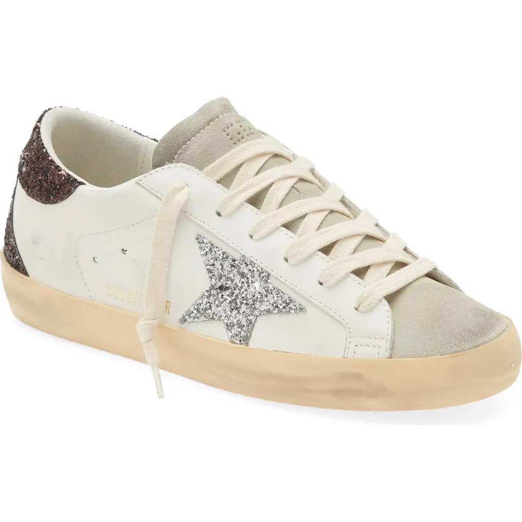 Golden Goose Super-Star Glitter Detail Low Top Sneaker in White/ice/silver/brown at Nordstrom, Size 42 | Nordstrom
