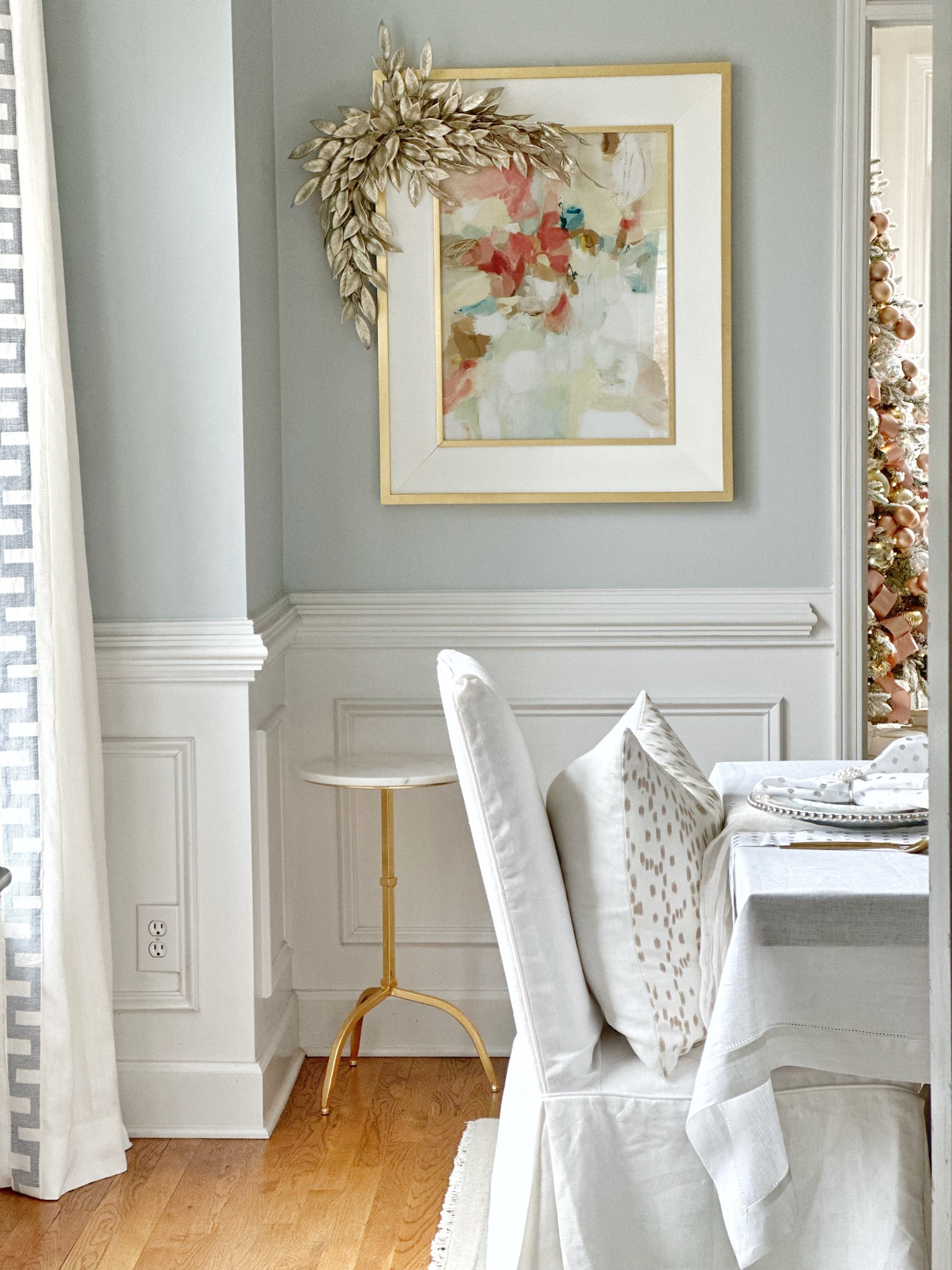 I used these super inexpensive half wreaths to frame my art. Simple and pretty Christmas touch! 




Dining room, dining chair, parsons chair, throw pillows, neutral pillow, wall art, abstract art, Walmart, Schumacher, custom curtains, drapes, dining table

#LTKSeasonal #LTKHoliday #LTKhome