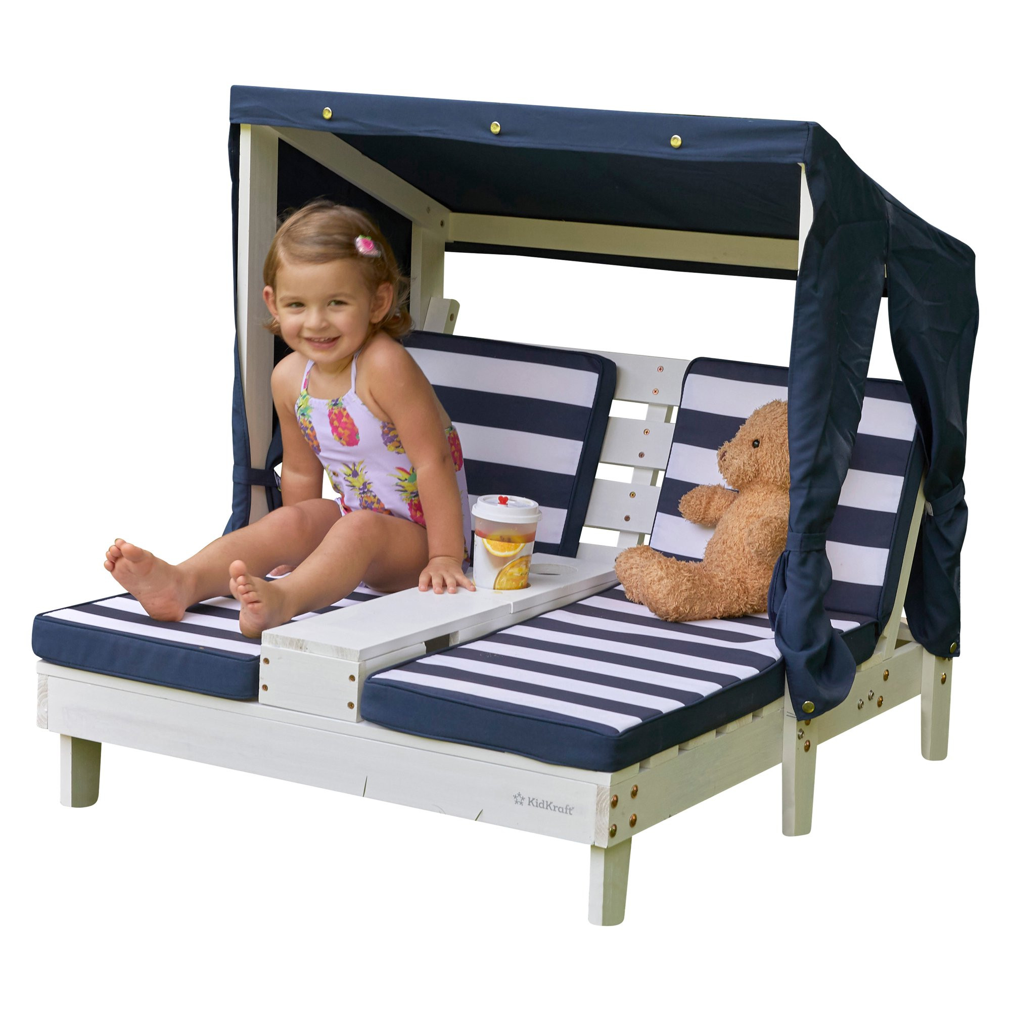 KidKraft Wooden Outdoor Double Chaise Lounge with Cup Holders, White with Navy and White Stripes ... | Walmart (US)