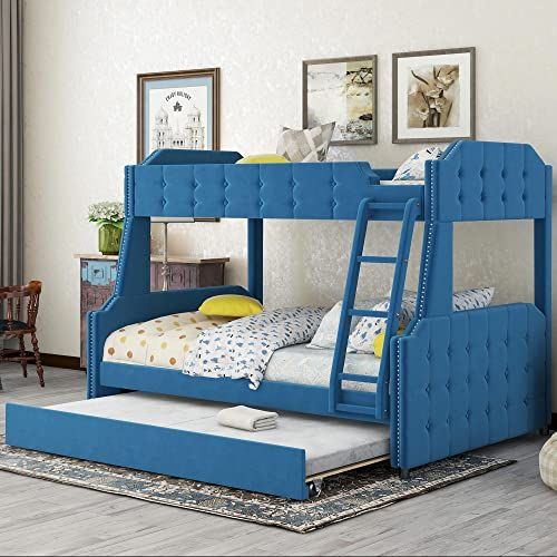Twin Over Full Upholstered Bunk Bed with Trundle,Tufted Button Design Bunk Bed w/ Upholstered Headbo | Amazon (US)