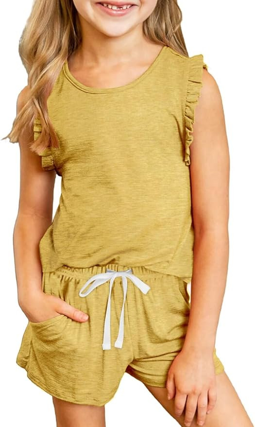 Girls Summer Outfits Cute T-Shirt and Shorts Set with Side Pockets | Amazon (US)