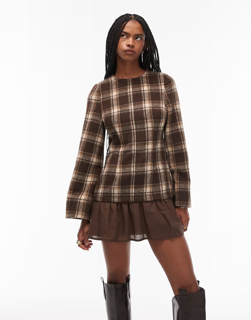 ASOS DESIGN hybrid dropped waist mini dress in chocolate check-Multi | ASOS (Global)