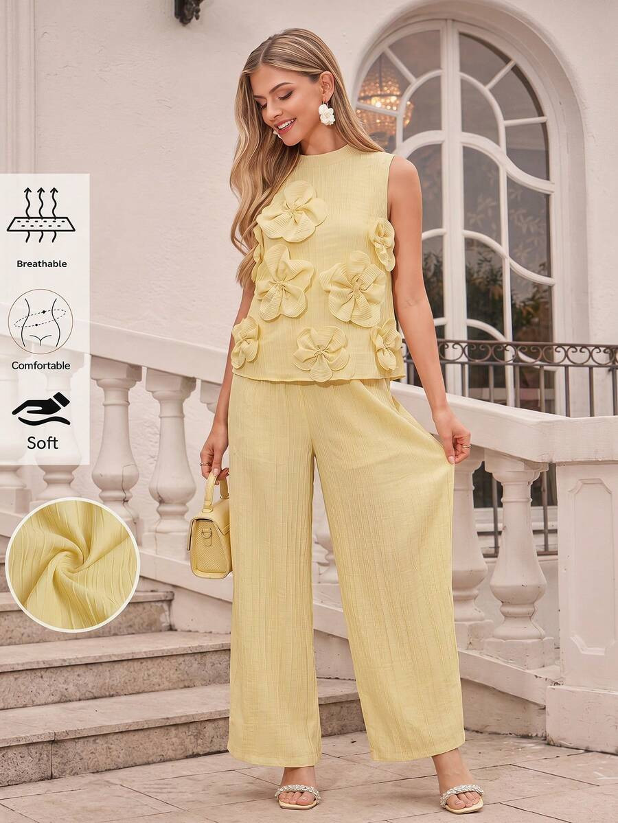 Amorya Women's Elegant Yellow Textured 3D Floral Decor Sleeveless Blouse And Yellow Textured 3D F... | SHEIN