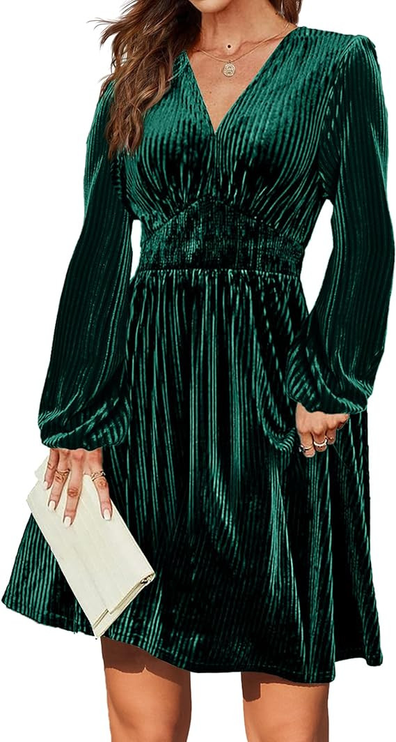 Zeagoo Womens Velvet Dress Sexy V-neck Long Sleeve Stretch Mini Party Cocktail Flared Dress | Amazon (US)