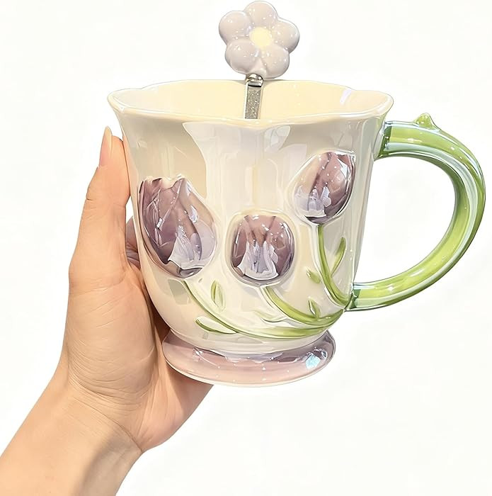 Adorable 3D Tulip Ceramic Mug ，with and Spoon,Flower Mugs with Handle,Floral Girly Mugs,Breakfa... | Amazon (US)