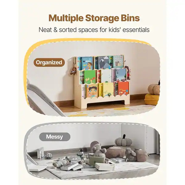 Montessori Bookshelf, 3-Tier Scalloped Kids Bookshelf, Front Facing Toddler Bookcase, Dual Hooks ... | Bed Bath & Beyond