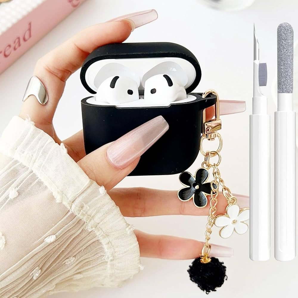 Cute Black Case for Airpods 4 Cover for Girl Women with Pom pom Flower Charms Keychain & Cleaner ... | Amazon (US)