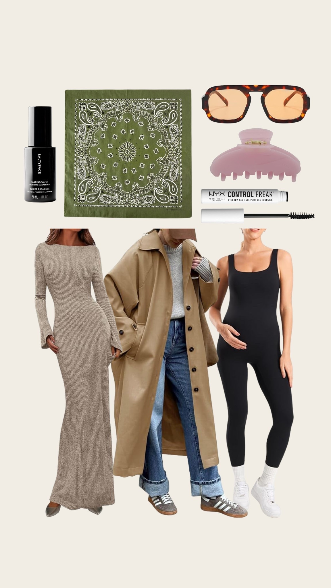 Recent purchases that I REALLY love from Amazon. Size L in trench I went up one for a super roomy fit. Size DOWN in romper I wear a small and it’s perfect with room to grow pregnant. Dress is not see through at all just perfect color Apricot size M don’t size up! Bandana, hair clip, my fave brow gel and the best best face tan spray ever it’s amazing. Sunglasses are so chic!

#amazon #maternityjumpsuit #pregnancy #bumpstyle 