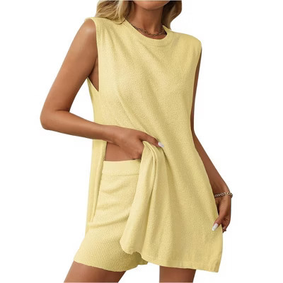 Women's 2 Pieces Set Summer Outfits Sleeveless Crew Neck Side Slit Top Loungewear and Elastic Waist Shorts Lounge Pajama Yellow M | Target