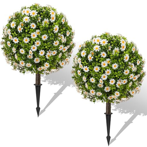 25" Artificial Boxwood Topiary Ball Trees with Daisy Flowers, Set of 2 UV Resistant No Fade Outdoor Faux Plants with Ground Spike, Fake Shrubs for Garden, Patio, Porch, Yard, Indoor Decor | Amazon (US)