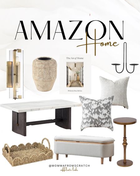 Amazon home decor and furniture! Scalloped tray, basket, vase, pillow covers, coffee table, storage bench, lighting. 

#LTKstyletip #LTKhome #LTKsalealert
