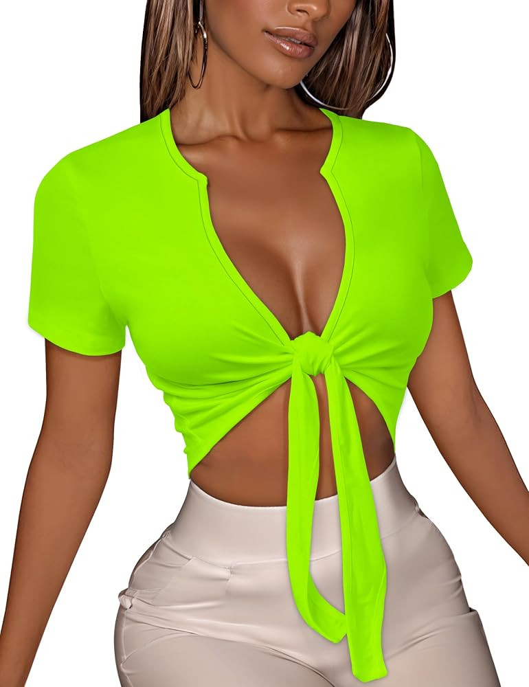 Women's Tie Front Crop Top V Neck Short Sleeve T Shirt Summer Casual Basic Slim Fit Tees | Amazon (US)