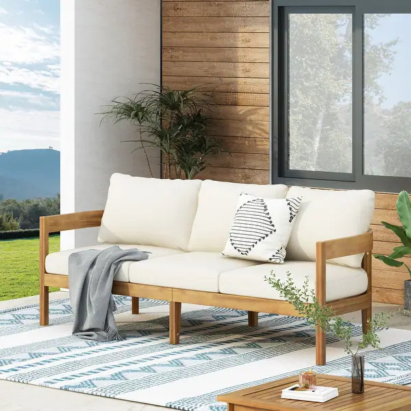 Brooklyn Outdoor Acacia Wood 3-Seater Sofa with Water-Resistant Cushions by Christopher Knight Ho... | Bed Bath & Beyond