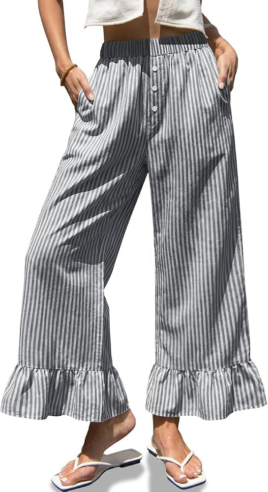 TARSE Womens Gingham Wide Leg Pants High Waist Ruffle Hem Trousers | Amazon (US)