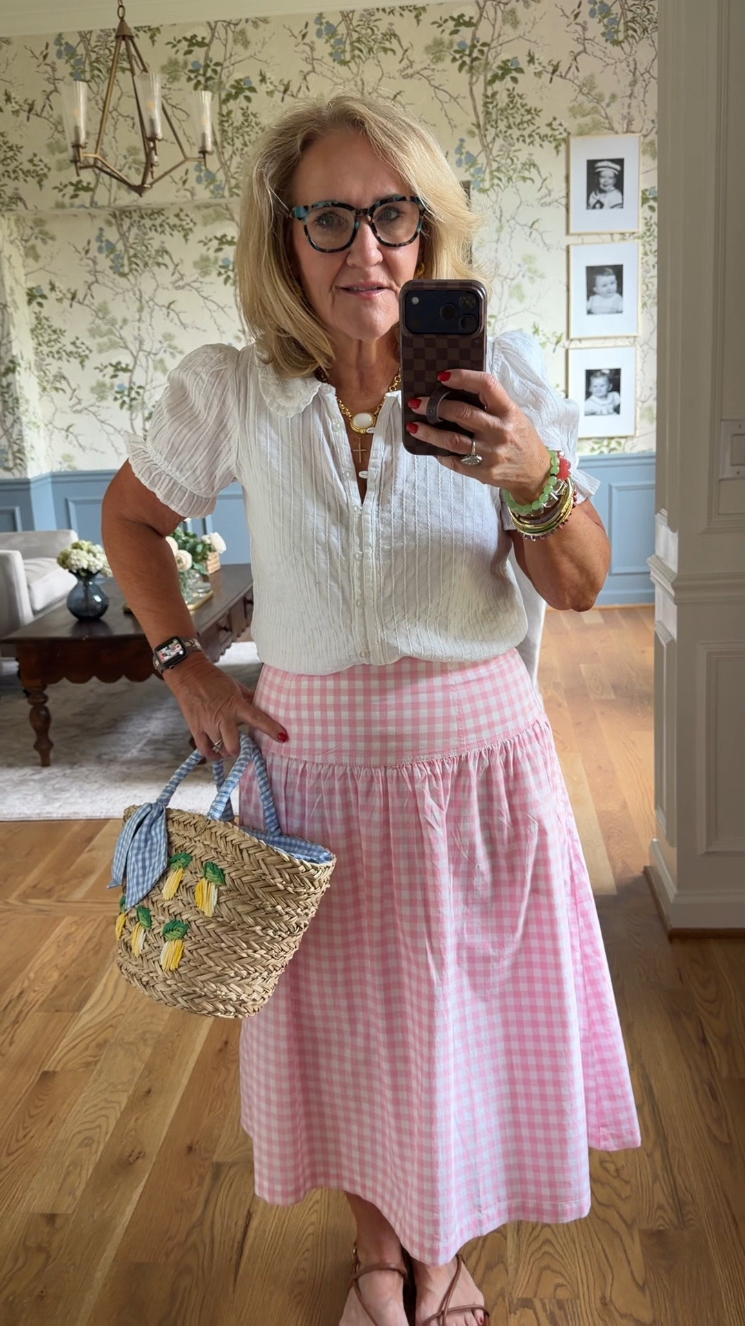 Skirt size 8/m
Blouse size medium 
20% off my bracelet stack with code NANETTE20
15% off my tote with code NANETTE15 but only good once so buy some cute stuff. Ha! 

Gingham skirt white blouse graduation party.

#LTKOver40 #LTKSaleAlert #LTKSeasonal