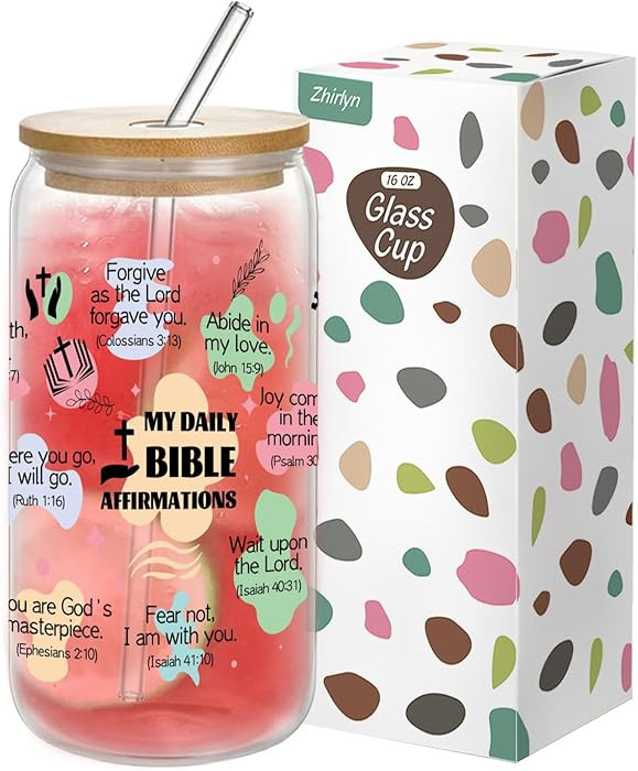 Bible Verse Glass Cup, 16 OZ Christian Glass Coffee Cup with Lids and Straws, Inspirational Relig... | Amazon (US)