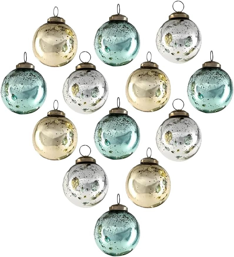 Set of 12 Vintage Gold, Blue & Silver Glass Ball Ornaments, 2.5" Diameter - For Christmas Tree, H... | Amazon (US)
