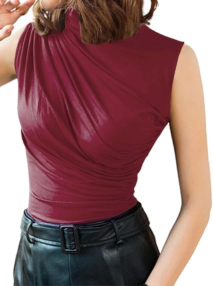 Avanova Women Fitted Sleeveless Ruched Tank Top Shirt Mock Turtleneck Blouses | Amazon (US)