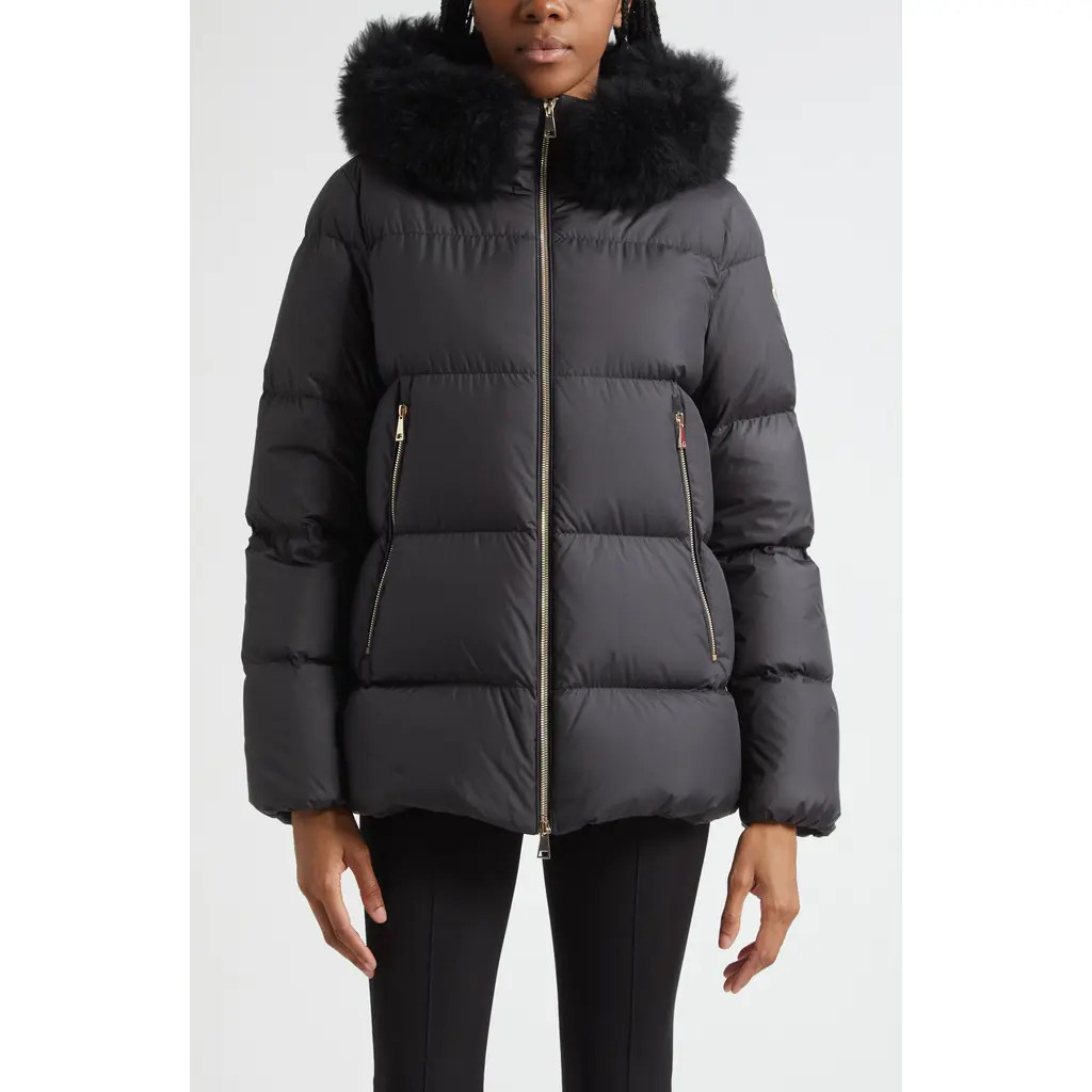 Moncler Laichefur Down Hooded Jacket with Removable Genuine Shearling Trim in Black at Nordstrom, Size 4 | Nordstrom