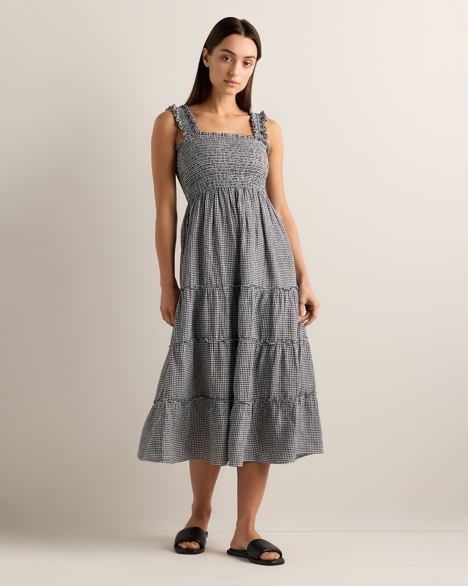 Quince | Women's 100% European Linen Smocked Midi Dress in Classic Mini Gingham, Size Small | Quince