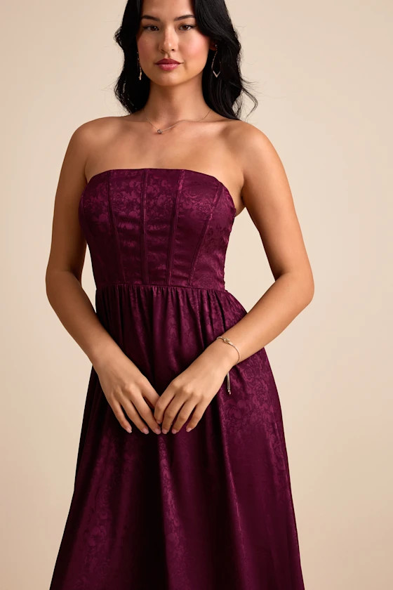 Venita Plum Floral Jacquard Satin Bustier Maxi Dress | Lulus