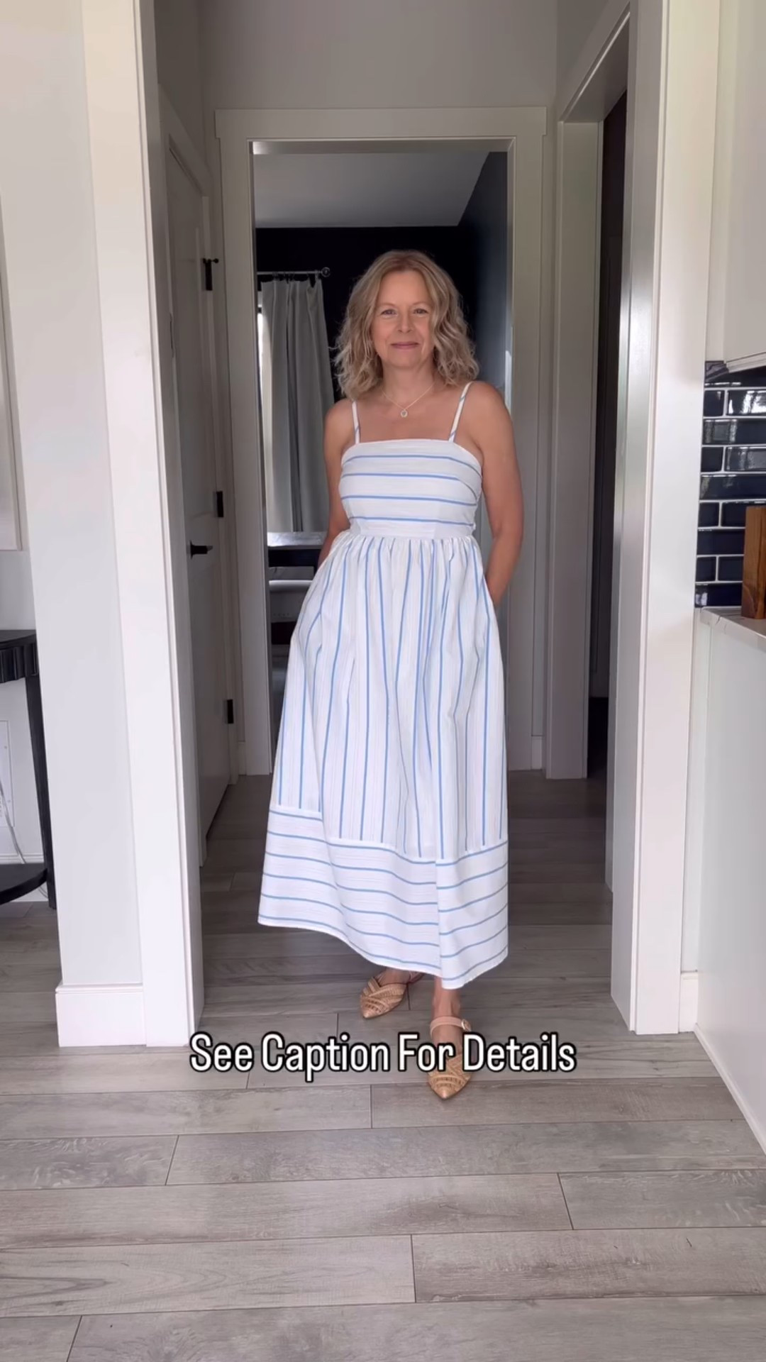 Comment Stripes for the link to this beautiful Amazon dress.  Several color options available, adjustable straps, elastic back, strapless bra friendly, lined, has pockets…this dress has it all!  True to size. I’m 5’3” and wearing a small.  #summerdress #springdresses #amazondress #closetstaples #timelessstyle #over50style #over50fashion #instareels #weddingguestdress #easyoutfit