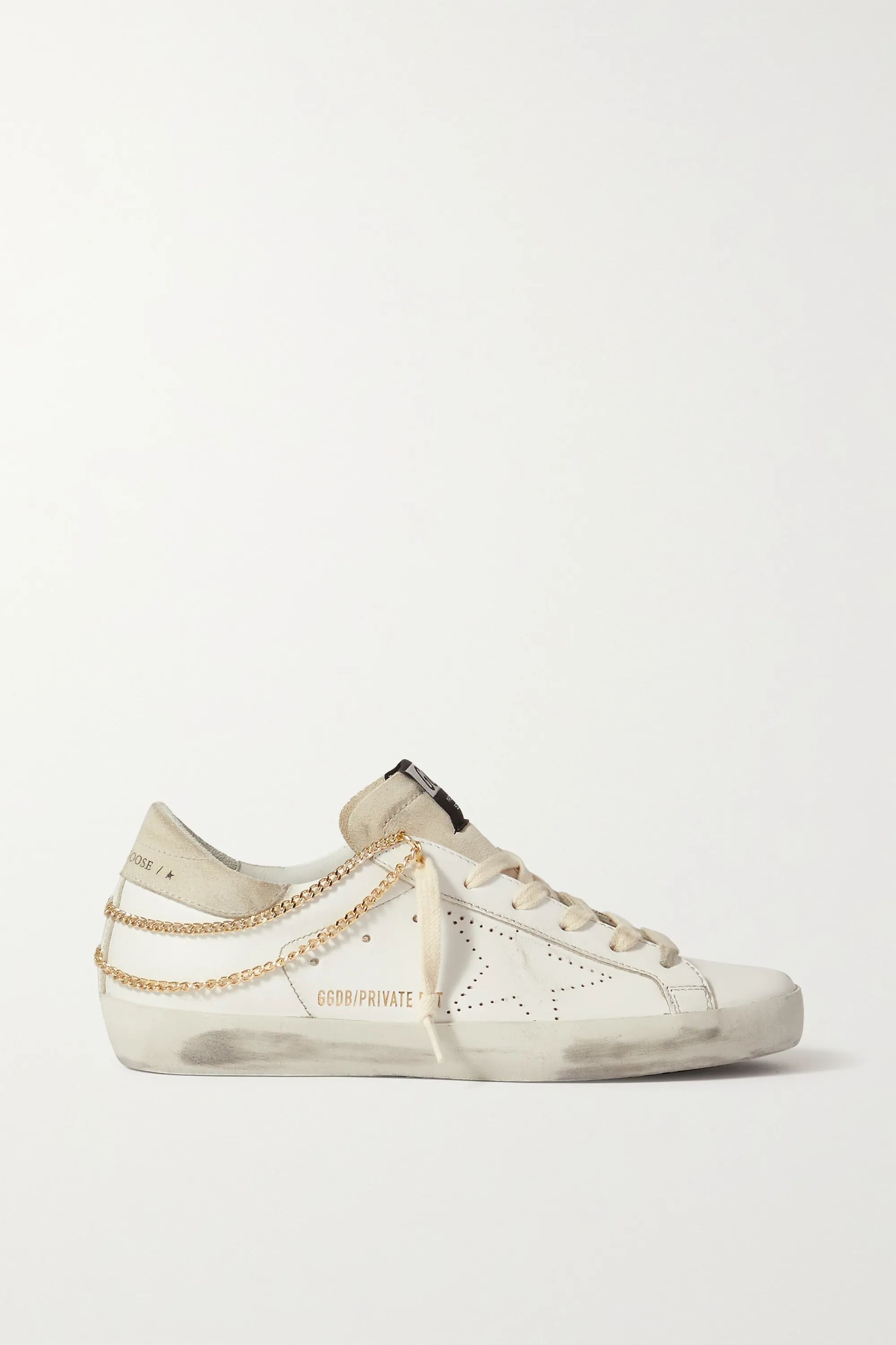 White Superstar chain-embellished distressed leather and suede sneakers | Golden Goose | NET-A-PO... | NET-A-PORTER (US)