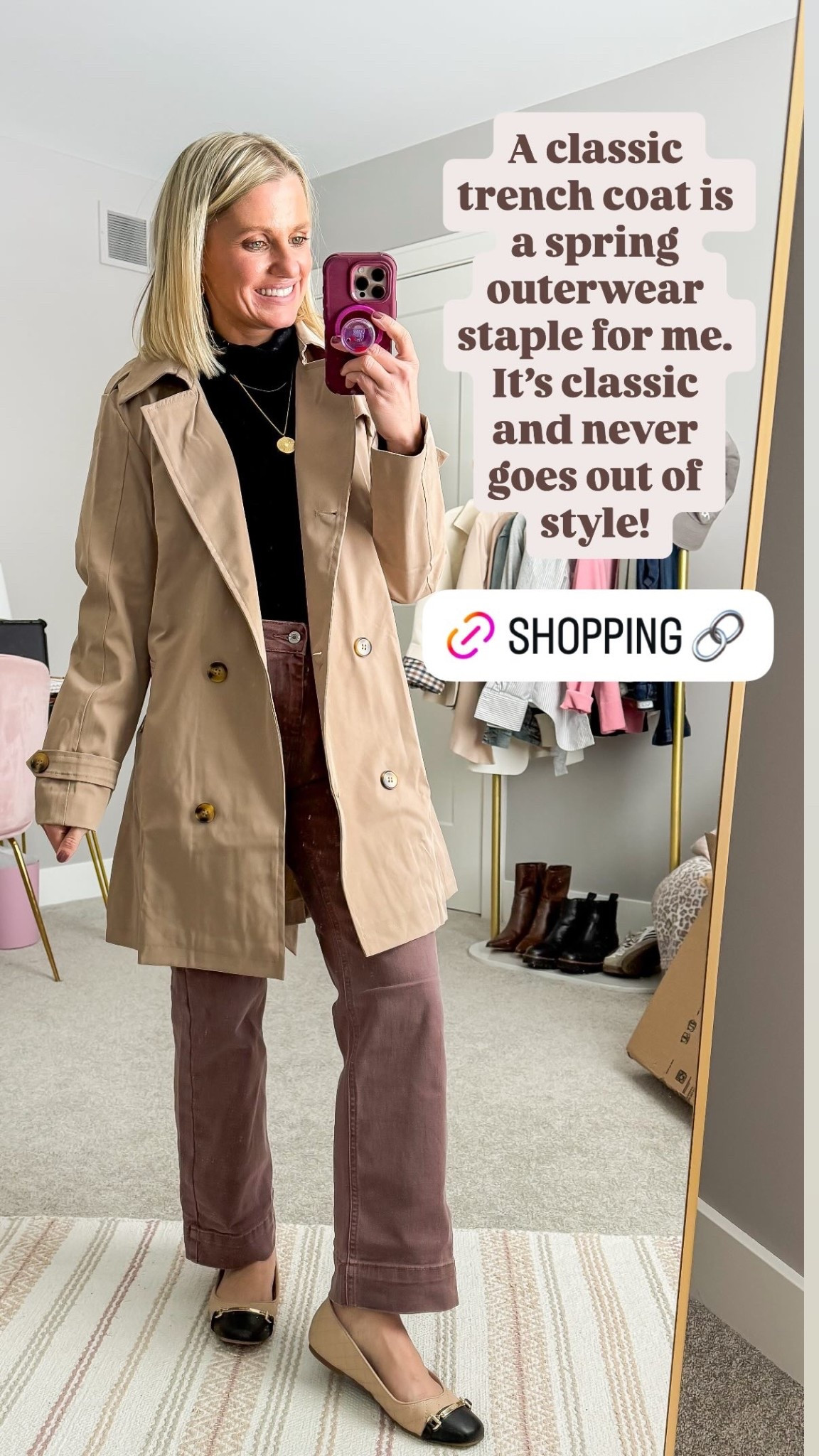 A classic trench coat is a spring outerwear staple for me. It’s classic and never goes out of style!