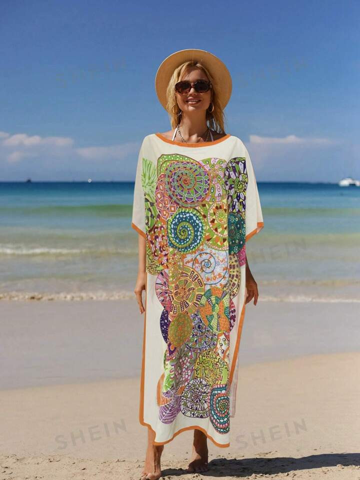 SHEIN Swim Lushore Summer Beach Women's Printed Batwing Sleeve Round Neck Cover Up Music Festival | SHEIN