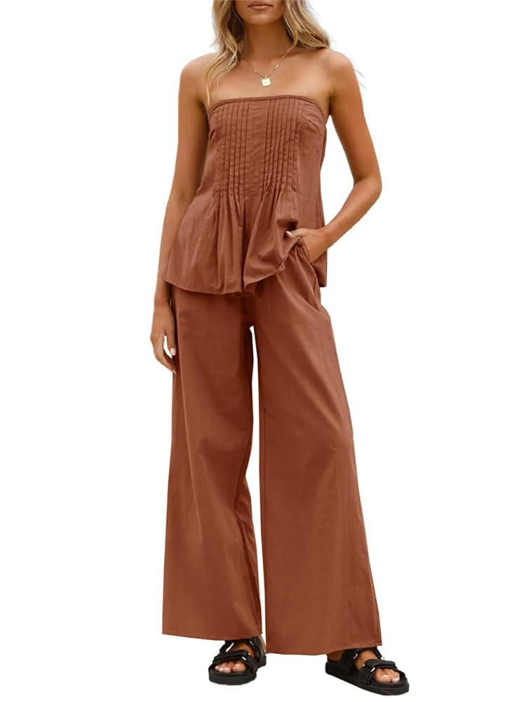 Tankaneo Womens 2 Piece Outfits Summer Strapless Tube Tops Wide Leg Pants Cotton Vacation Pleated... | Amazon (US)