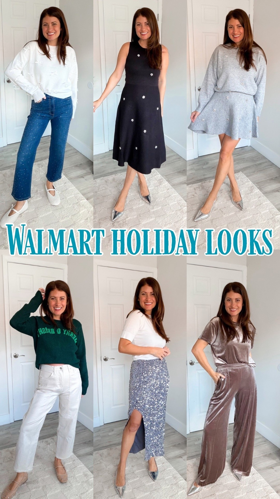Walmart holiday looks! 

Sweater skirt set- small in both
Velvet set- small in both
Embellished jeans- 4
Bow sweater- small
Embellished dress- small
Holiday sweater- small
Metallic jeans- size 2
Sequin skirt- small
Short sleeve sweater top- small

#LTKHoliday #LTKStyleTip #LTKootd