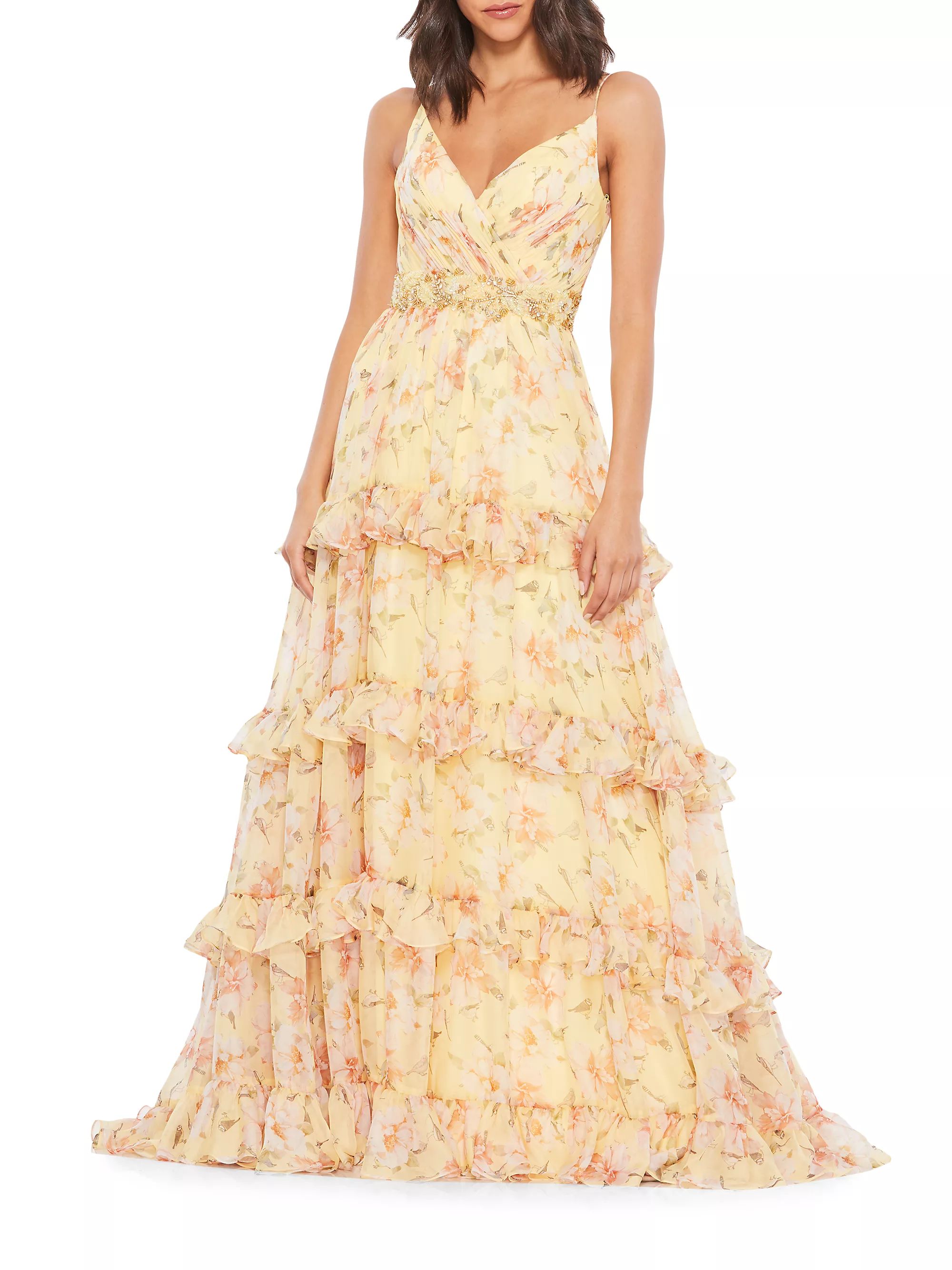 Shop Mac Duggal Floral Tiered Ruffle Gown | Saks Fifth Avenue | Saks Fifth Avenue