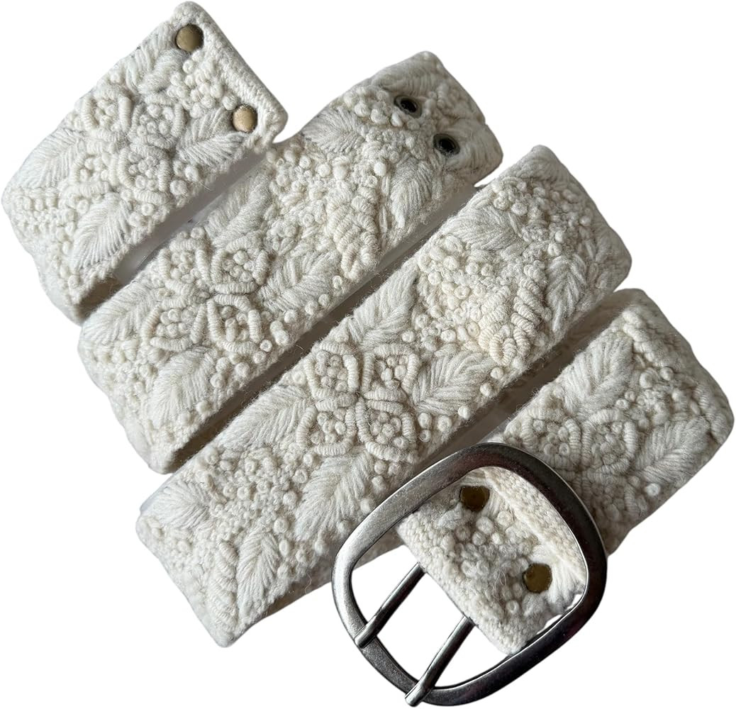 Peruvian Embroidered Flower Wool Belt, Hand Embroidered - White Meadow | Amazon (US)