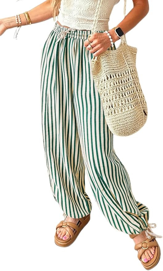 Acelitt Women Drawstring Elastic Waist Striped Pants with Pockets, S-XXL | Amazon (US)