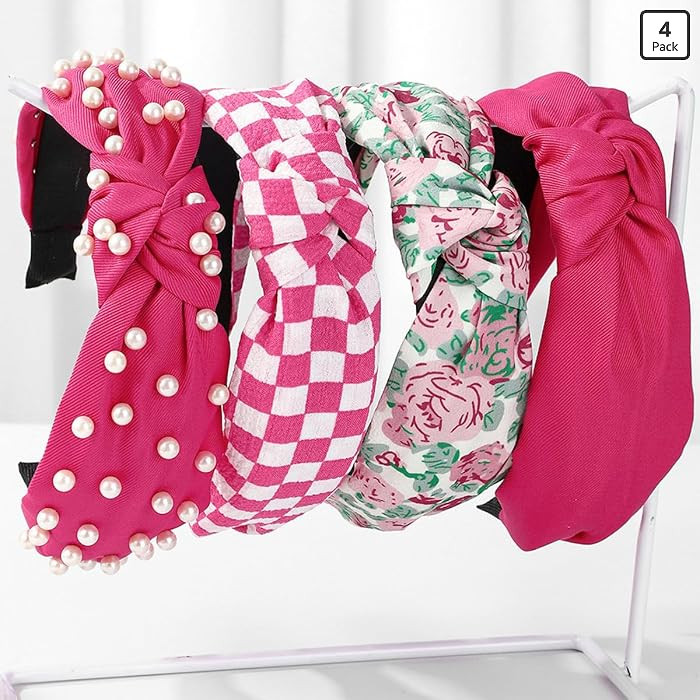 Pink Headbands for Women Girls Knotted Headband Non Slip Fashion Wide Knot Pearl Checked Floral H... | Amazon (US)