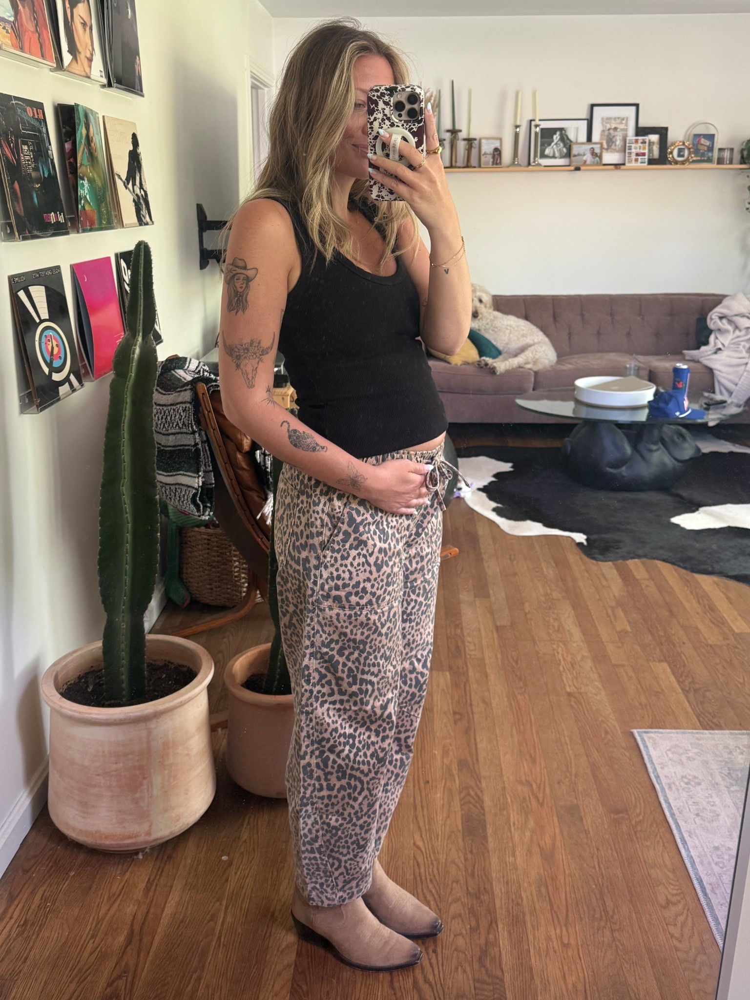 Pants are my pre-pregnancy size (small) and I thiiiink they’ll be able to last the whole pregnancy with this stretch
