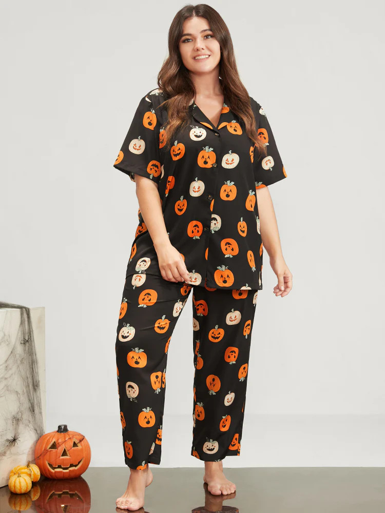 Halloween Pumpkin Print Lapel Collar Button Pajama Set | Bloomchic