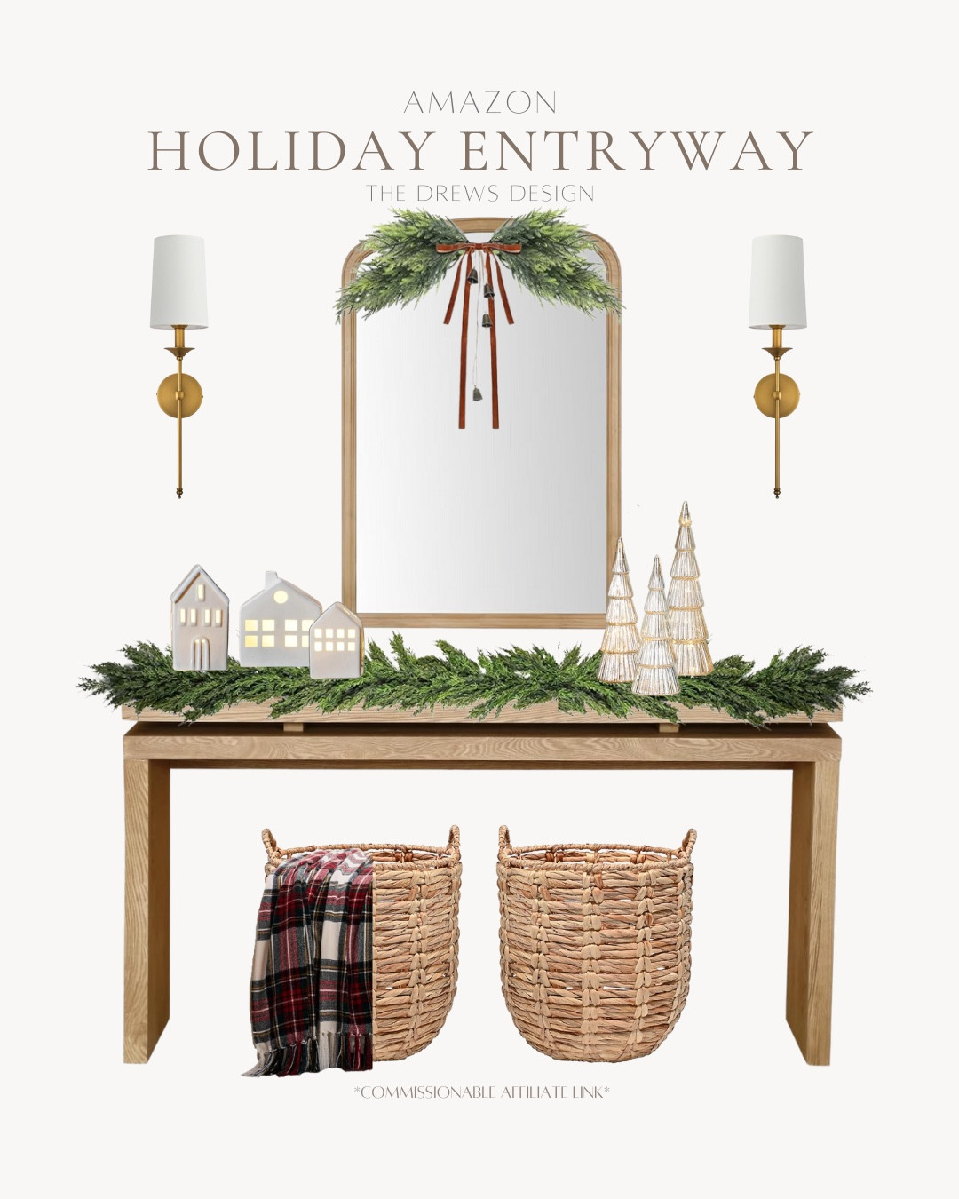 Amazon holiday entryway includes woven baskets, blanket, console table, glass Christmas trees, Christmas village, mirror, mirror swag, and sconces.

Styled entryway, holiday entryway, Christmas entryway, Christmas decor

#LTKSeasonal #LTKHoliday #LTKHome