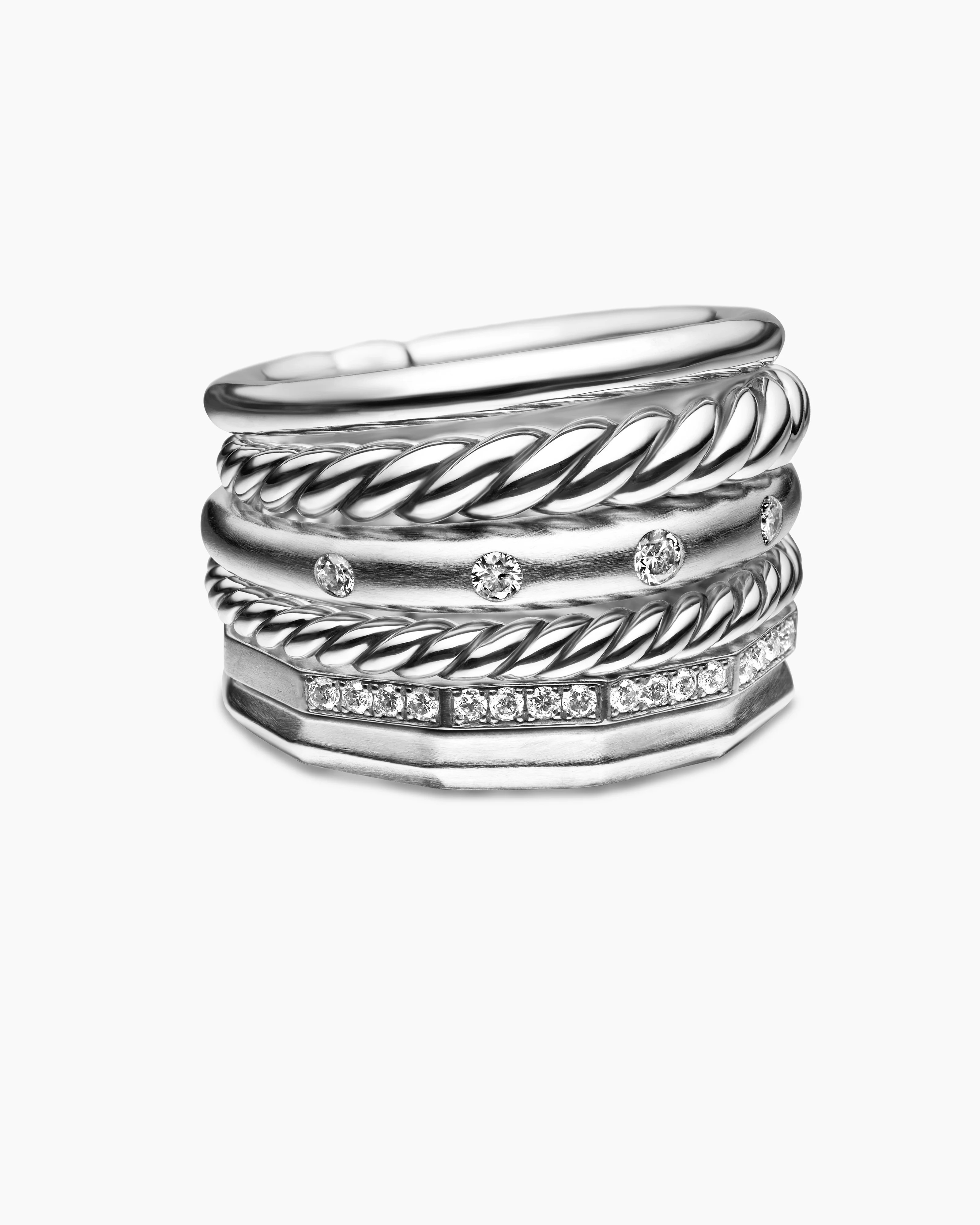 David Yurman | Stax Six Row Ring in Sterling Silver with Diamonds, 16mm | David Yurman