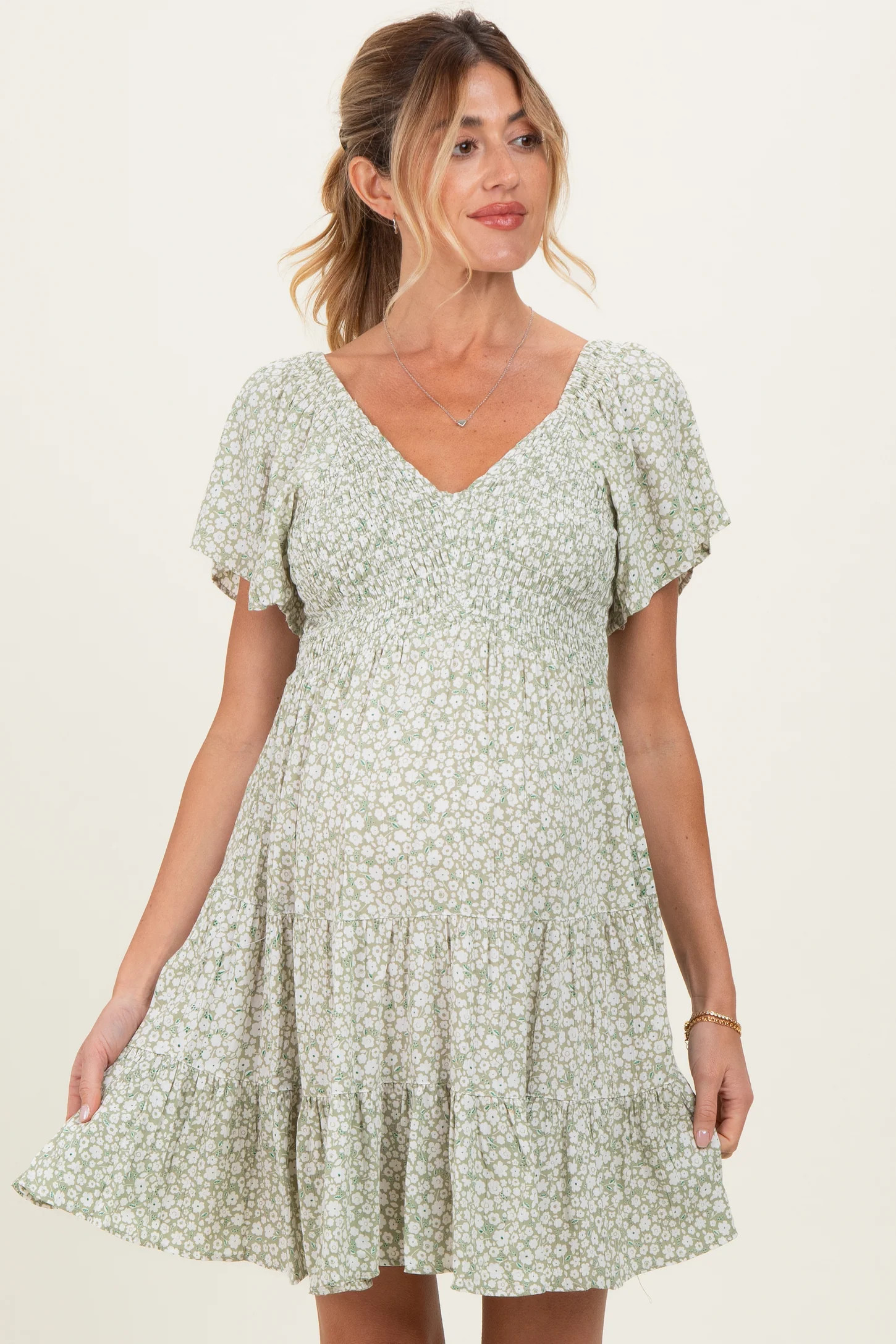 Sage V Neck Smocked Bodice Ditsy Print Maternity Dress | PinkBlush Maternity