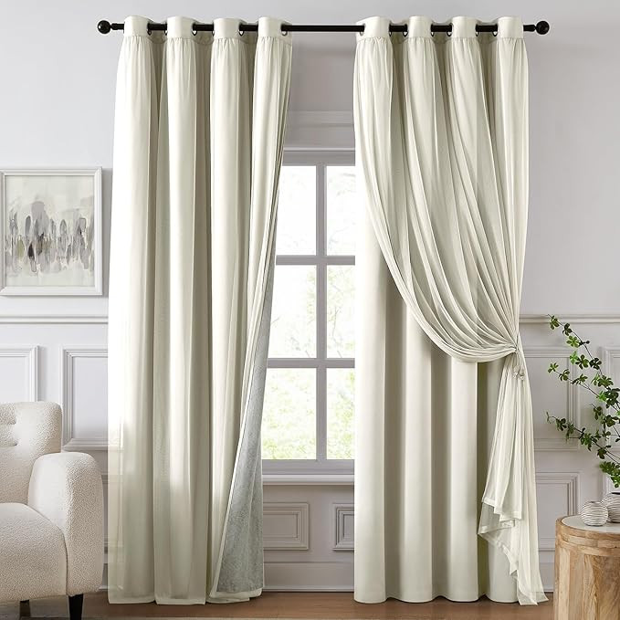 100% Blackout Curtains for Bedroom, Double Layer Ivory Curtains, Black Out Curtain 84 inch Long w... | Amazon (US)