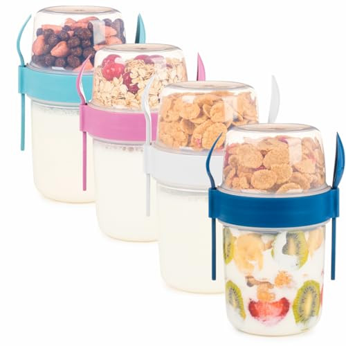 EYNEL 4 Pack Breakfast 22 oz On The Go Cups with Lids and Spoon, Reusable Cereal Yogurt Cup with Topping Plastic Overnight Oats Container for Granola Oatmeal (22 oz - 4 Pack) | Amazon (US)