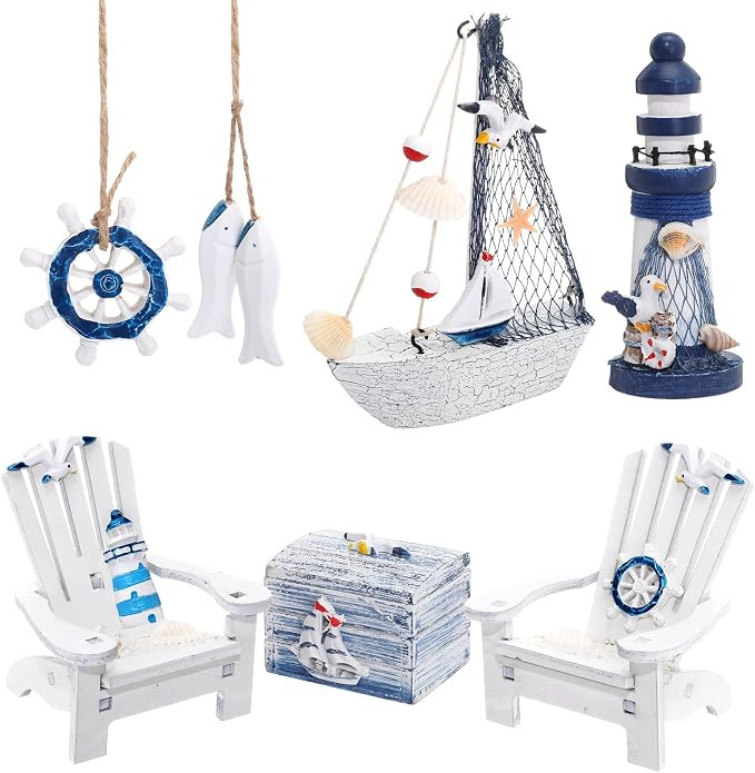 7 Pieces Adirondack Beach Chair Wooden Box Wooden Lighthouse Mini Sailboat Anchor Wooden Fish Han... | Amazon (US)