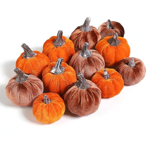 Lcuasc 12pcs Velvet Fake Pumpkins Fall Decor Faux Small Foam Fabric Pumpkin for Autumn Table Centerpiece Party Farmhouse Harvest Thanksgiving (Orange/Desert Tan) | Amazon (US)