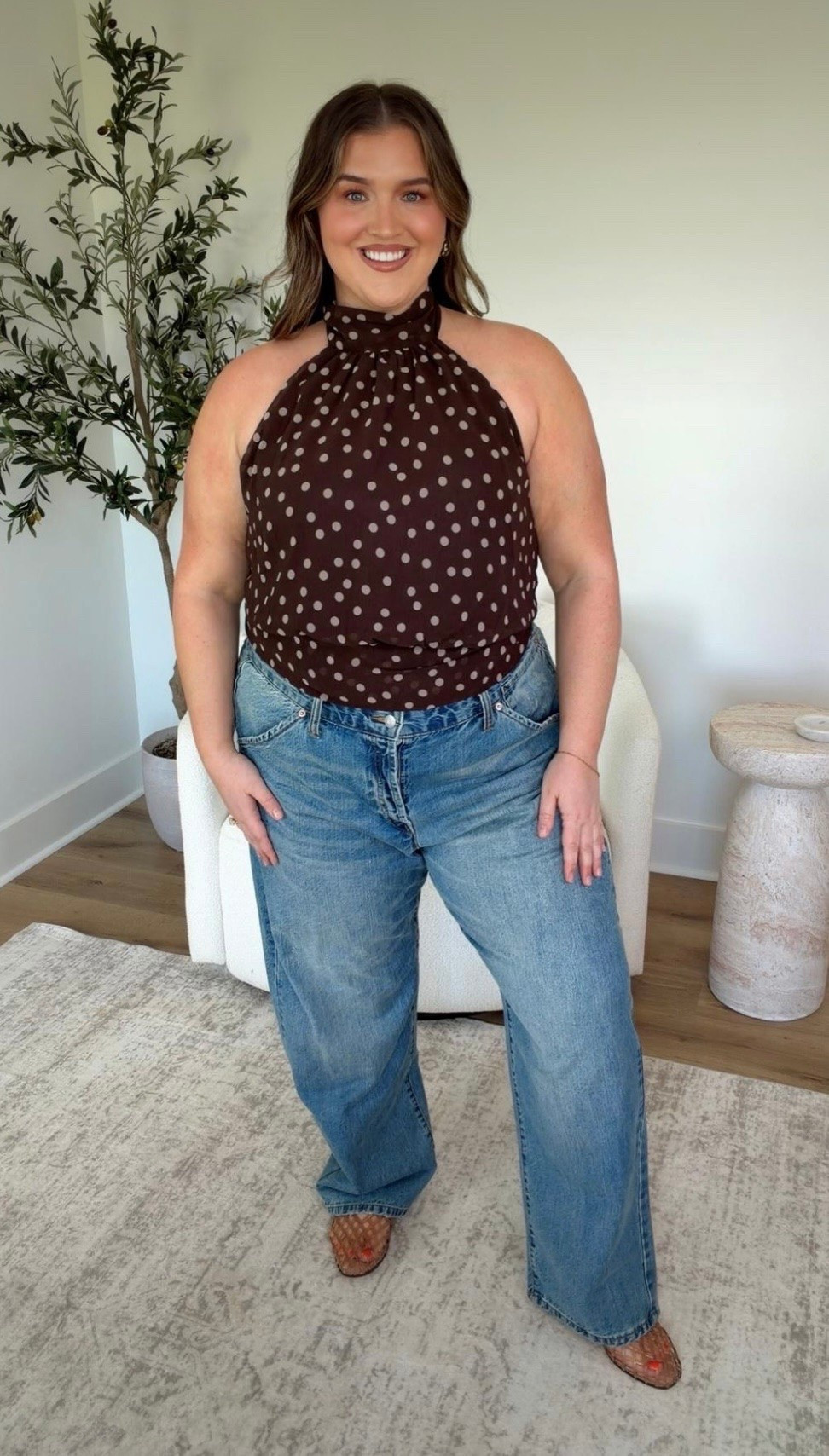 Can I tell you how much I love this @Target polka dot halter top?! These colors scream fall 🍂🍁🍃and the fit is 100% plus size friendly 😍. It can be worn with jeans, skirts and also dressed up for the office, add some office pants and wear a cami or blazer over it for the cutest and trendiest look of the season! I’m wearing a size XXL in this chiffon top, and a size 18 in the jeans. 
Polka dot outfit inspiration, date night look, plus size approved girls night out outfit

#LTKPlusSize #LTKSeasonal #LTKWorkwear